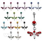 j611i steel belly ring w dangling dragonfly crystals studded belly piercing