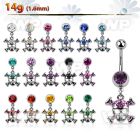 j61320 steel belly ring w dangling crystal studded skull crossed belly piercing