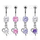 j61g9 steel belly ring w dangling heartbig central round cz sto belly piercing