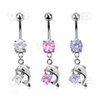 j61gl steel belly ring w dangling dolphin round prongset cz sto belly piercing