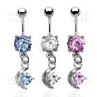 j61gt steel belly ring w dangling moonround cz stone length 10m belly piercing