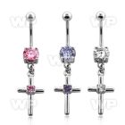 j61gz90 steel belly ring w dangling dangling cross round prong belly piercing