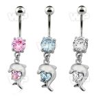 j61gzpp steel belly ring w dangling dangling dolphin design cz belly piercing