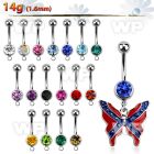 j61spy steel belly ring w dangling butterfly painted in colors belly piercing