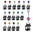 j61spz steel belly ring w dangling black cat designcrystal on belly piercing