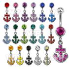 j61z9e steel belly ring w dangling crystal studded anchor length belly piercing