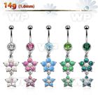 j65mdbel 316l steel belly ring w a dangling double crystal flower belly piercing