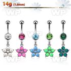 j65mdbkp 316l steel belly ring w a dangling flower w 5 petals w belly piercing