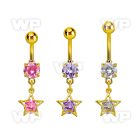 mdgz414 gold steel belly banana w dangling star shape w round cz