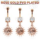 mdrz726c rose gold cz belly banana w dangling plain sun 