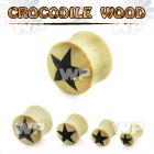 mn3a crocodile wood double flare saddle plug black star on one ear lobe piercing