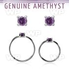 nhge1 silver nose ring w a 2mm amethyst in casting prong set