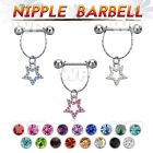 npdl18 steel nipple barbell w chain dangling crystal star 