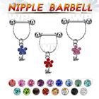 npdl19 steel nipple barbell w chain dangling crystal flower