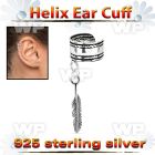 silver helix ear cuff w a rope edge w a feather dangling 
