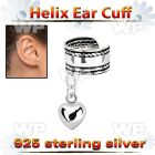 silver helix ear cuff w a rope edge w a heart dangling 
