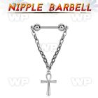 steel nipple barbell w chain & dangling ankh cross 
