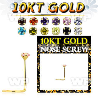 10kt gold bend it nose screw with 2mm round prong set cz