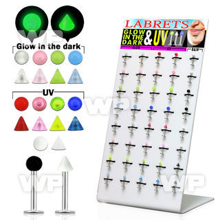 14cjfe display w of surgical steel labret stud 1 2mm uv or glow lower lip piercing