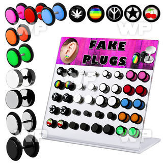 1764004 display w of assorted steel acrylic fake cheater plugs belly piercing