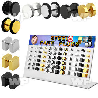 1764ezz display 72 pcs of gold black steel fake plug round ear lobe piercing