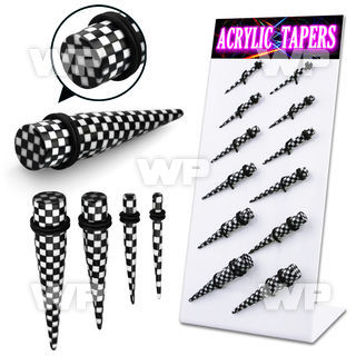 17mi90 display w black acrylic tapers hot printed black white ear lobe piercing