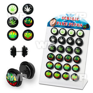 18bqie display w acrylic fake plugs assorted marijuana logos belly piercing