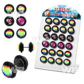 18bqik display w acrylic fake plugs mixed logos o ring s size belly piercing