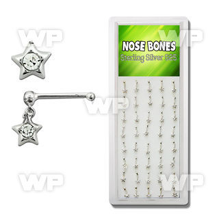 1u416k box w silver 925 nose bone small dangling star clear rou nose piercing