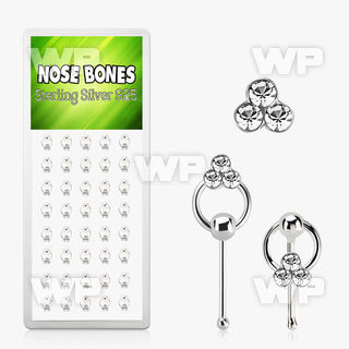 1u4a60 box w silver nose bone round clear triple crystals on nose piercing