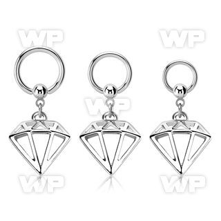316l steel ball closure ring w a diamond dangling