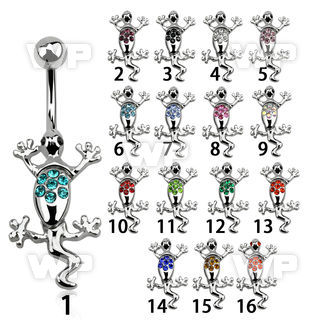 3wpp9 polished implant grade steel belly ring w crystal lizard