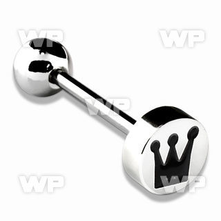 44w6ee impolant grade surgical steel tongue barbell with an 8mm crown logo top