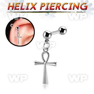 44waty steel helix barbell 16g w dangling ankh cross