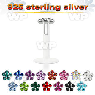 48b4d bio flex labret 1 2mm silver 925 flower design crystal lower lip piercing