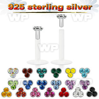 48b4rj bio flex labret 1 2mm silver 925 triple crystal top belly piercing