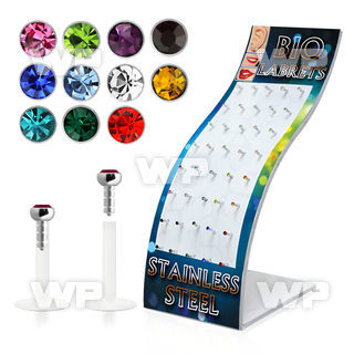 4ab48c display w of bio flex labrets 1 2mm push in 2mm flat cry lower lip piercing