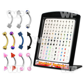 4aj4uw display w assorted micro bananas 1 2mm 3mm balls cones eyebrow piercing