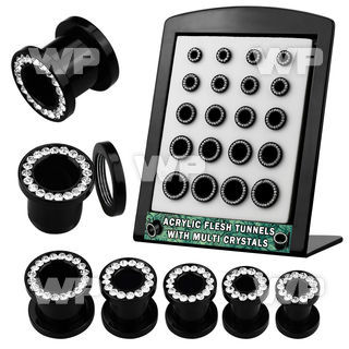 4amieee display w black acrylic flesh tunnel clear crystal studde ear lobe piercing