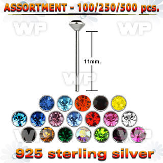 4b20sl silver 925 un bent nose stud 2mm round crystal top belly piercing