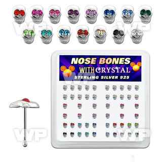 4f32j box of silver nose bone skull shaed top mixed color crys nose piercing