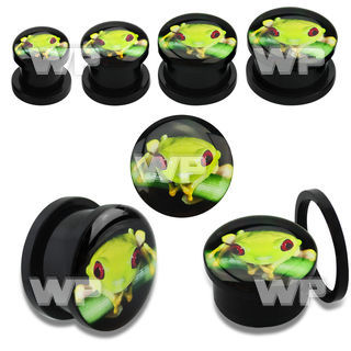 7dm111 black acrylic plug external screw fitcute green frog pict ear lobe piercing