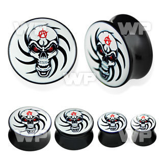 7miqq black acrylic double flare saddle plug skull picture in ear lobe piercing