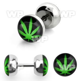 8bm1 steel fake plug epoxy covered green marijuana leaf onblac belly piercing