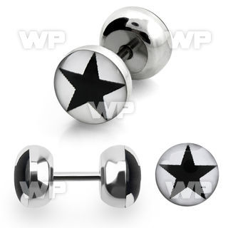 8bm6 steel fake plug epoxy covered black star on white backgro belly piercing