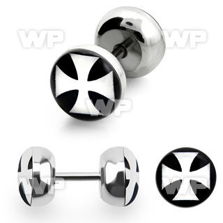 8bmi steel fake plug epoxy covered white iron cross on black belly piercing