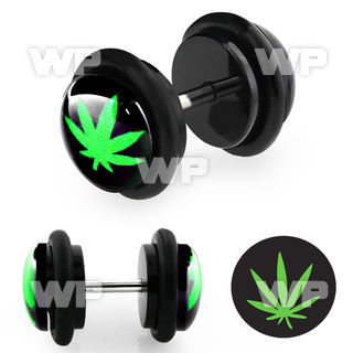 8bqiat acrylic fake plug green marijuana leaf on black backgroun belly piercing