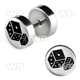 8me0 steel fake plug laser edged dice logo on one of the sides belly piercing