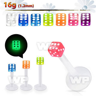 albgld3 bio  flex labret w 3mm glow in the dark acrylic dice