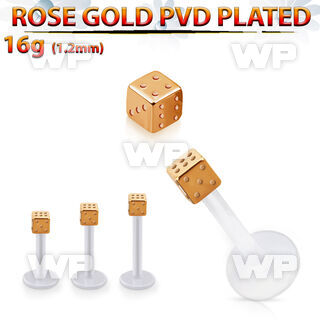 albttd25 bio  flex labret w 25mm rose gold pvd plated steel dice